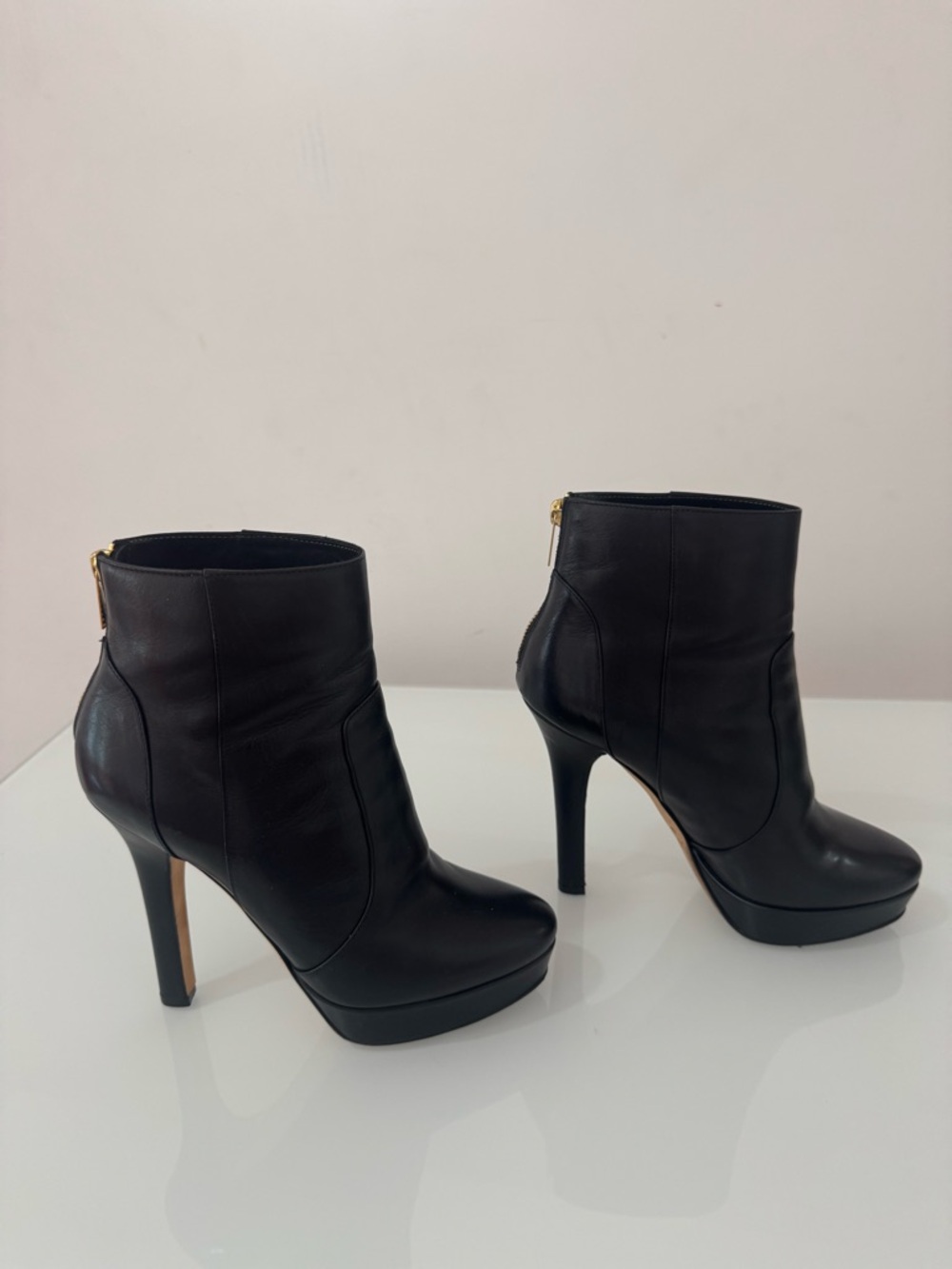 Jimmy Choo Black Leather Platform Ankle Boots with Gold Zip, Size 37
